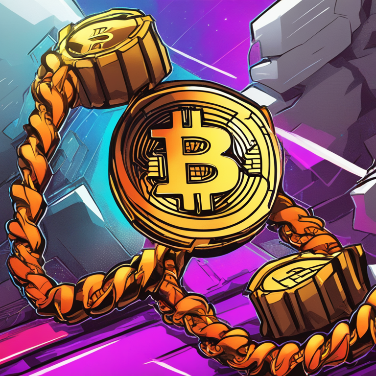 hand-drawn digital illustration, bitcoins breaking a chain, Artstation HQ, digital art, futuristic, vibrant colors, high resolution