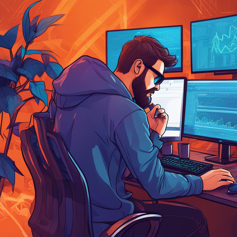 Hand-drawn digital illustration of a Bitcoin developer working on code, high-tech background, Artstation HQ, vibrant, forward-thinking, innovative