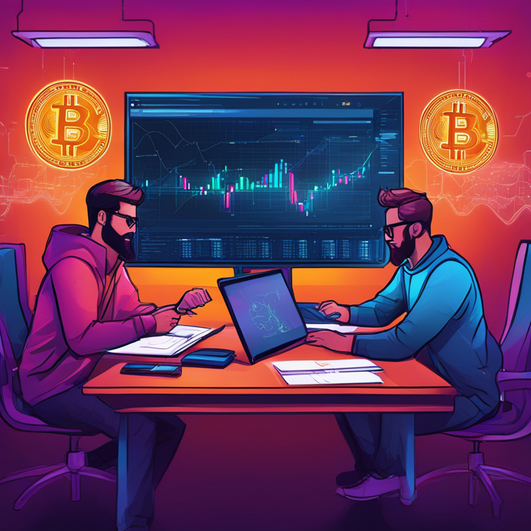 Hand-drawn digital illustration of developers collaborating on Bitcoin Script, Artstation HQ, digital art, futuristic coding environment, blockchain diagrams, vibrant colors, trending on Artstation