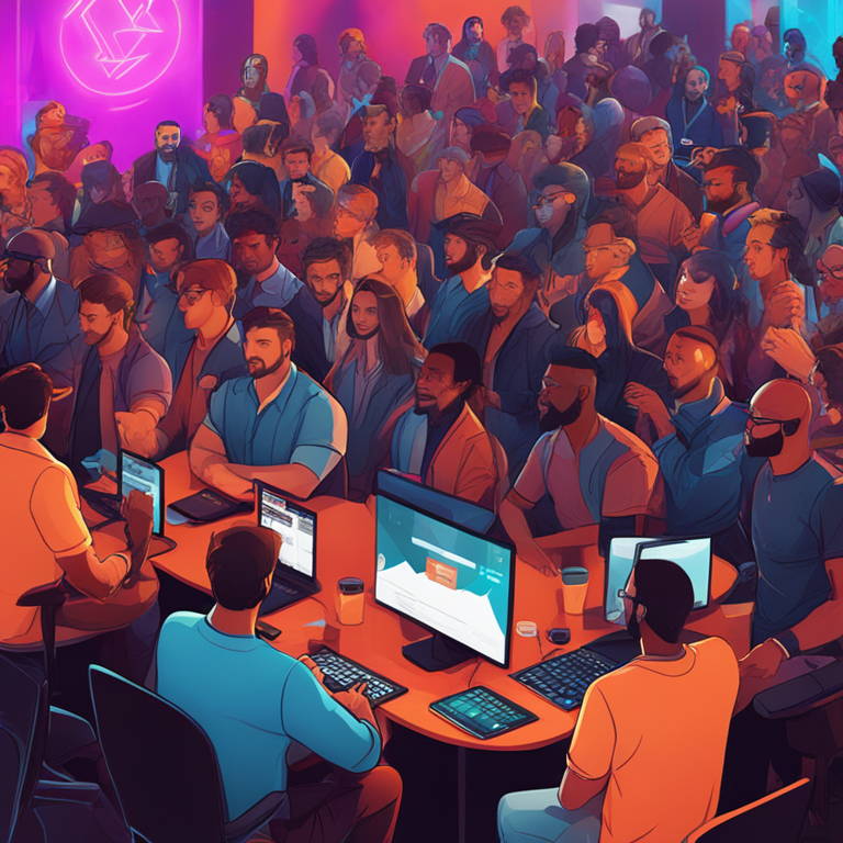 Digital art representation of diverse developers at a tech conference, discussing Bitcoin Script, Artstation HQ, engaged crowd, interactive presentation, vibrant high-tech atmosphere, modern design, trending on Artstation