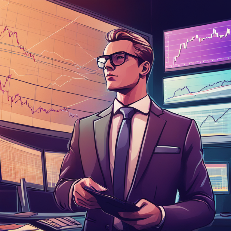 hand-drawn digital illustration of financial analyst interpreting market trends, Artstation HQ, digital art, futuristic style, abstract background, serious expression