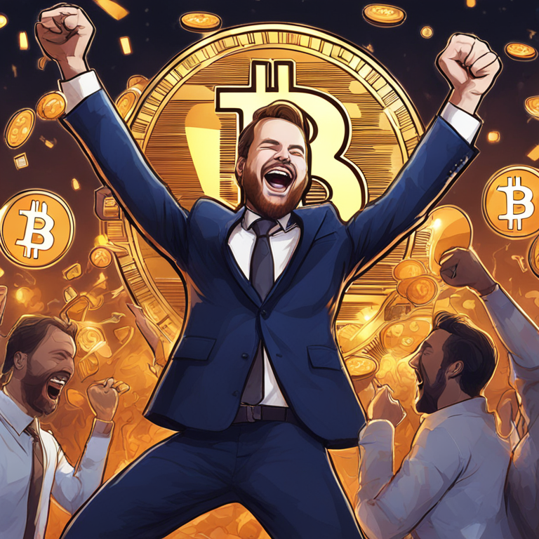 A jubilant Michael Saylor celebrating with Bitcoin symbols, hand-drawn digital illustration, Artstation HQ, digital art