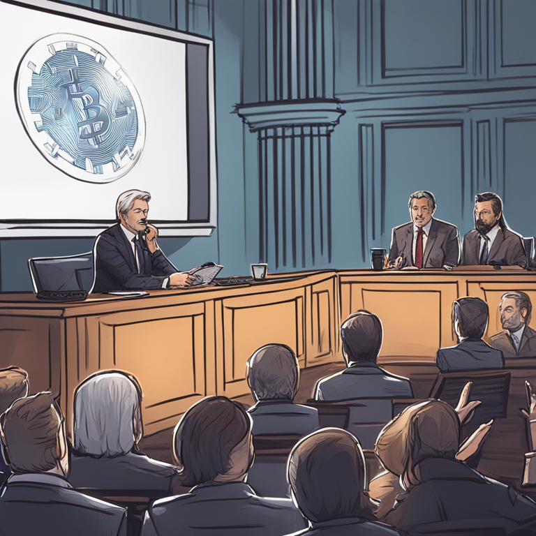 A digital illustration of Michael Saylor addressing a Senate panel about Bitcoin, hand-drawn digital illustration, Artstation HQ, digital art