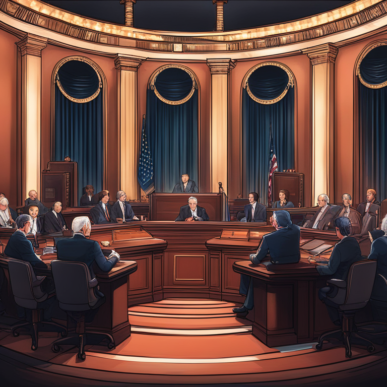 Senate chamber with politicians discussing cryptocurrency legislation, digital illustration, Artstation HQ, trending magazine style