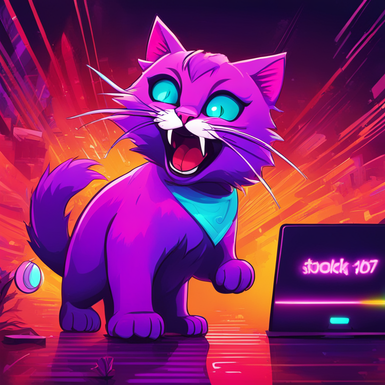 fluid digital illustration of roaring kitty leading an online community with stock charts, Artstation HQ, digital art, vibrant colors, humorous, social media vibe