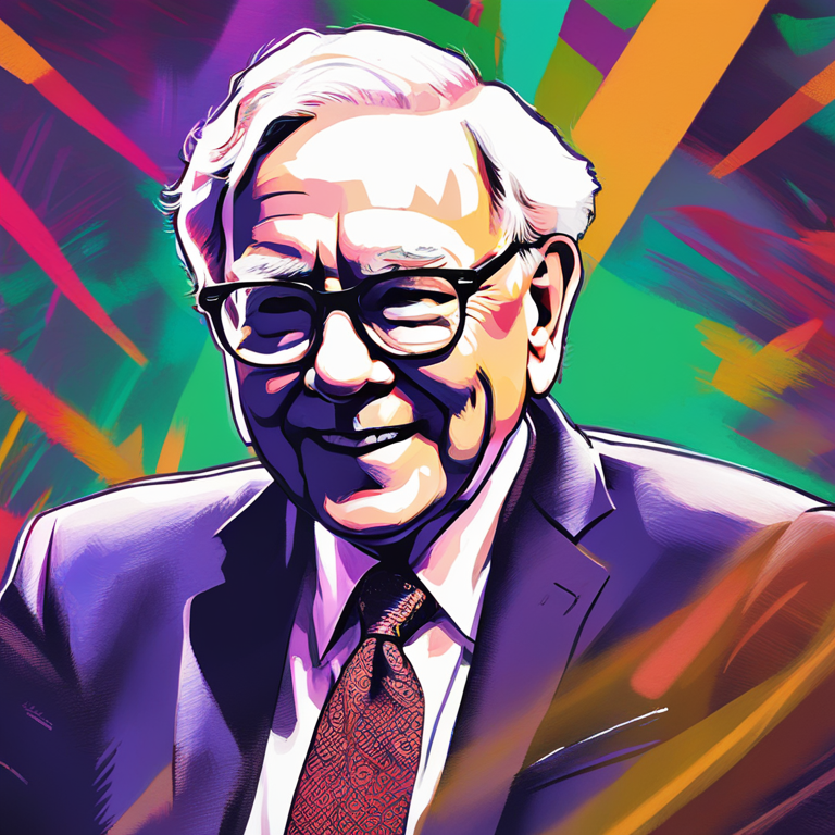 hand-drawn digital illustration of Warren Buffett on stage at Berkshire Hathaway meeting, Artstation HQ, digital art, trending, vibrant colors, charismatic leadership