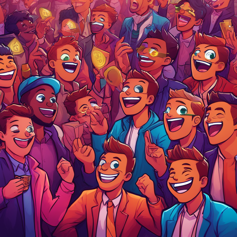 Hand-drawn digital illustration, featuring a crowd of crypto traders laughing with dollar signs in their eyes, cashing out cartoonish PEPE coins, vibrant colors, Artstation HQ, digital art