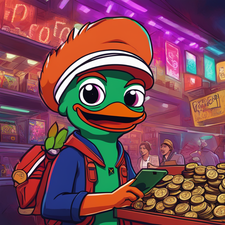 hand-drawn digital illustration, Artstation HQ, digital art of a meme coin like PEPE with a GameStop-like rally theme, vibrant colors, exaggerated graphs, and a whimsical market scene