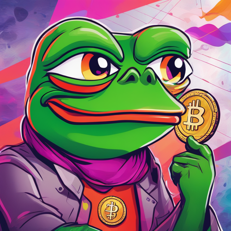 hand-drawn digital illustration, Artstation HQ, digital art of PEPE coin with fluctuating price charts, humorous facial expressions on the coin, vibrant colors, abstract financial symbols