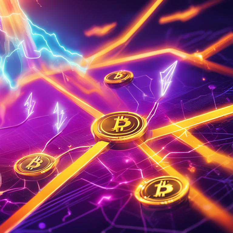 Bitcoin Lightning Network illustration featuring a vibrant digital setup with currency symbols, trending on Artstation, sleek modern design, high-resolution digital art, engaging colors, and crisp details