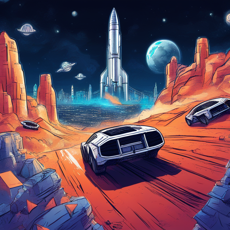 hand-drawn digital illustration of a dramatic Bitcoin race with rocket ships, futuristic cities in the backdrop, trending on Artstation, digital art, high contrast colors, space environment, Space Race metaphor