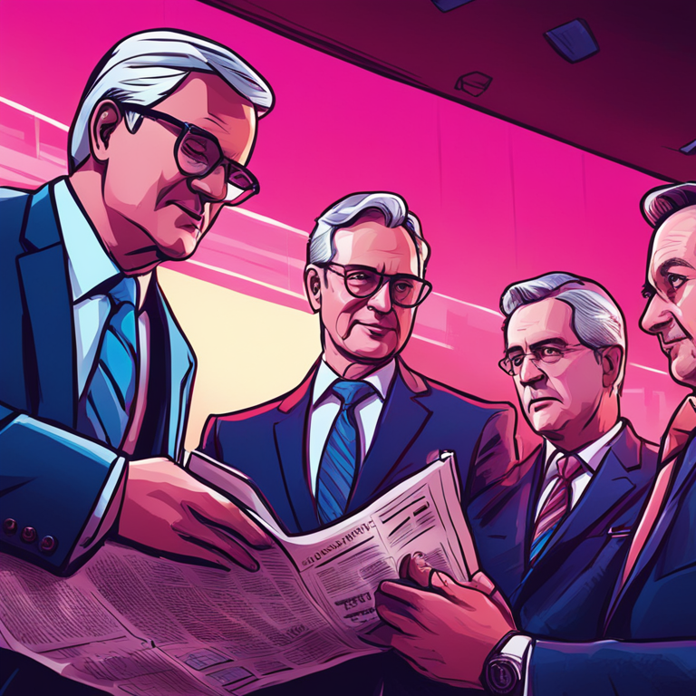 A hand-drawn digital illustration of political leaders looking over a digital financial newspaper, Artstation HQ, digital art, stylized, vibrant colors