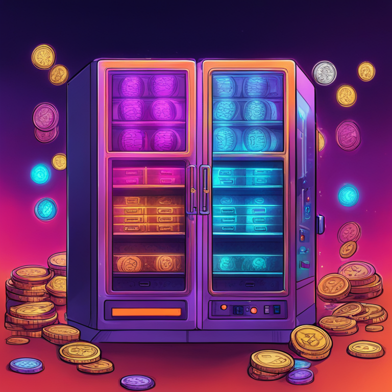 a sleek, futuristic digital vault packed with coins symbolizing different cryptocurrencies, hand-drawn digital illustration, vibrant colors, Artstation HQ, digital art, futuristic finance concept