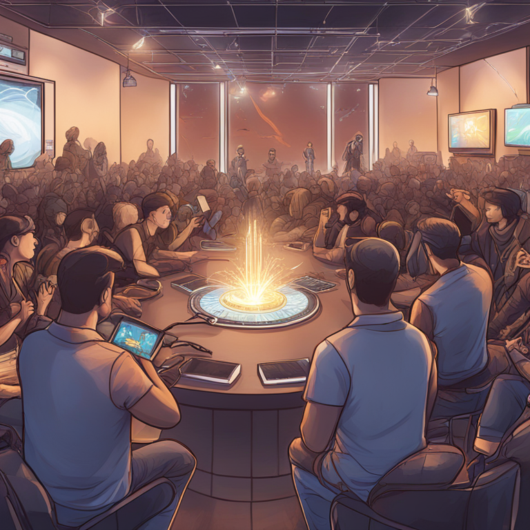 Hand-drawn digital illustration showing a blockchain community launching a memecoin, Artstation HQ, digital art