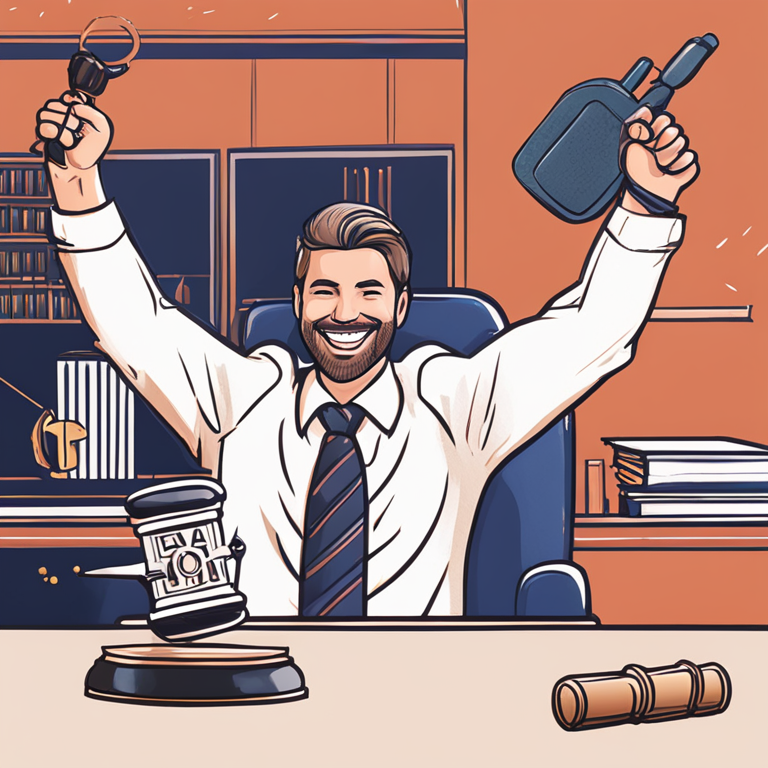 Hand-drawn digital illustration of Ripple's chief legal officer celebrating a legal victory, smiling with a gavel in hand and digital assets symbols in the background, Artstation HQ, digital art