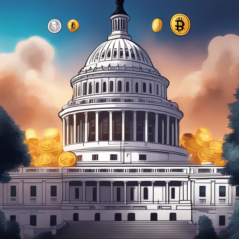 Illustration showcasing cryptocurrency symbols and US congressional building to represent political and financial impact, Artstation HQ, digital art