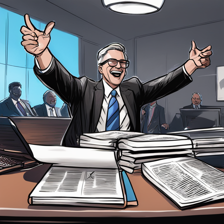 Hand-drawn digital illustration of Ripple's top lawyer celebrating while reading news, Artstation HQ, digital art