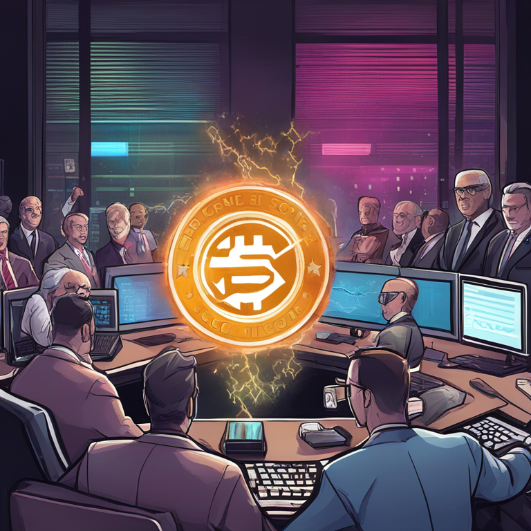 Hand-drawn digital illustration of SEC officials vs crypto enthusiasts, Artstation HQ, digital art