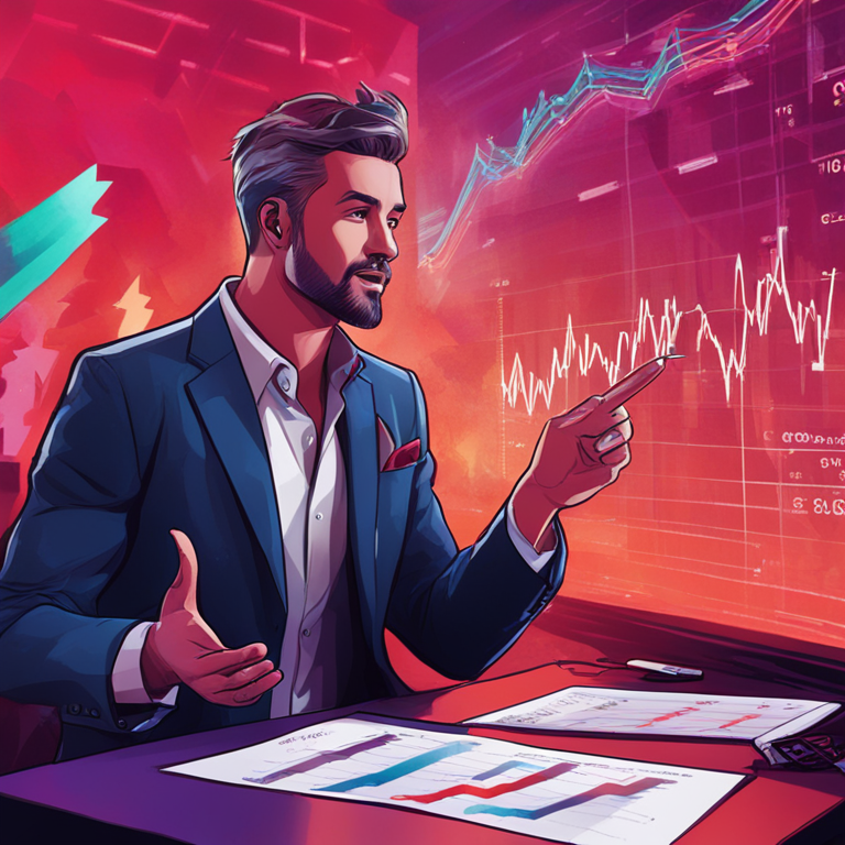 a detailed digital illustration on Artstation, depicting Raoul Pal delivering a passionate speech about macroeconomic trends and crypto markets, surrounded by charts and graphs with upward arrows and dynamic colors