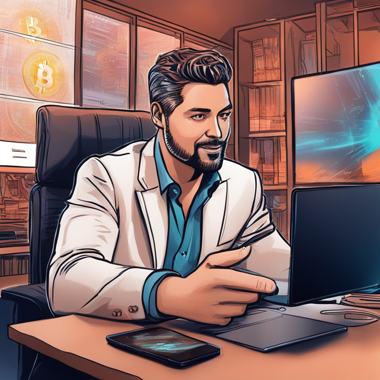 Hand-drawn digital illustration of Raoul Pal discussing cryptocurrency investments, Artstation HQ, digital art, trending magazine style