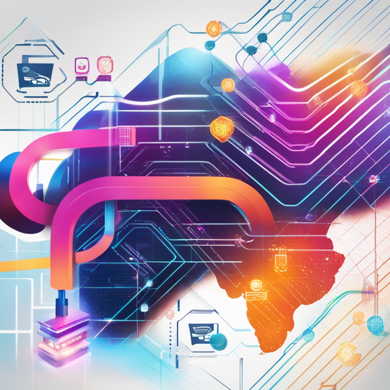 A dynamic illustration showing the connection between global payment networks with blockchain technology, futuristic and vibrant digital art