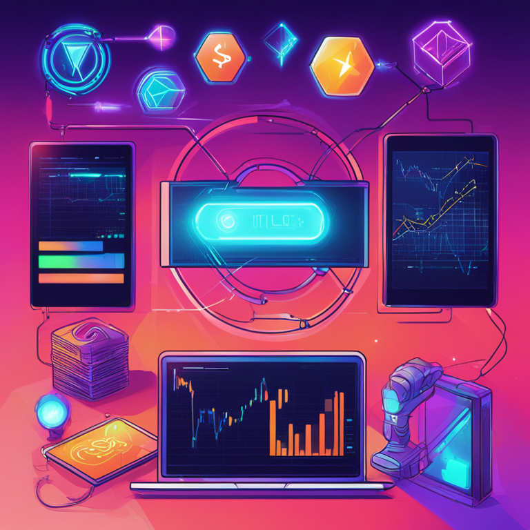 Illustration of futuristic digital assets and blockchain integration, trending on Artstation, high-tech, vibrant colors, hand-drawn style, digital illustration