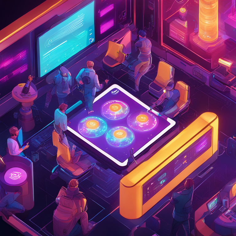 Digital illustration of multiple tokens and digital interactions in a futuristic financial ecosystem, artstation HQ, high-tech, vibrant colors, hand-drawn details