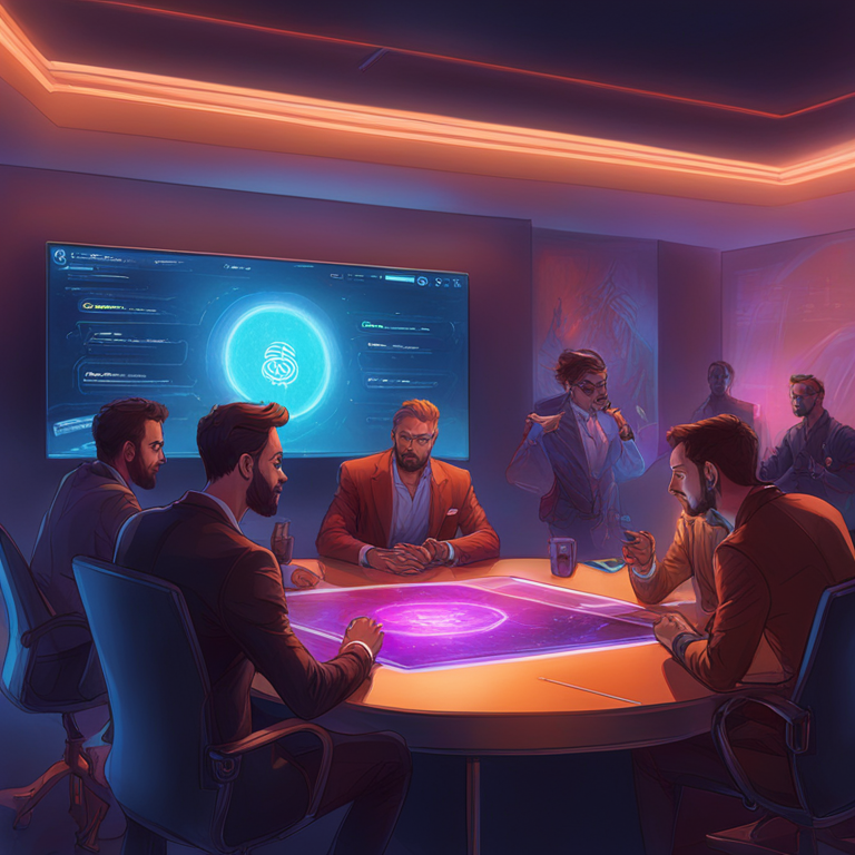 hand-drawn digital illustration, Artstation HQ, digital art, depicting a futuristic meeting between startup founders and Mastercard representatives discussing blockchain integration, vibrant colors, professional setting, sleek and modern design with digital screens in the background, by an artist like Peter Mohrbacher or Donato Giancola