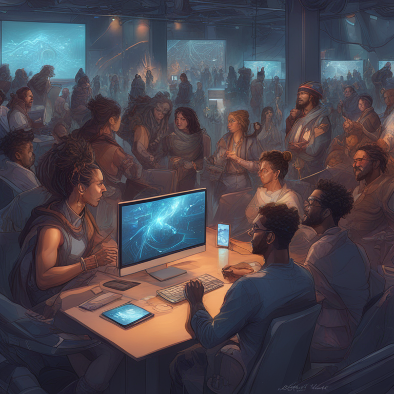 hand-drawn digital illustration, Artstation HQ, digital art, portraying a selection of diverse startups founders from around the world enthusiastically presenting their blockchain solutions, futuristic conference environment, vibrant and dynamic composition, by an artist like Peter Mohrbacher or Donato Giancola