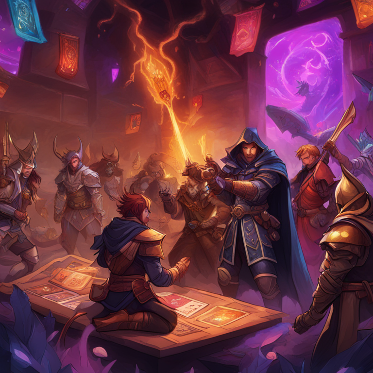 Hand-drawn digital illustration of Fantasy Top game scene featuring NFT-based heroes, trading cards, and tournaments, Artstation HQ, digital art, colorful and immersive, magazine cover aesthetic.