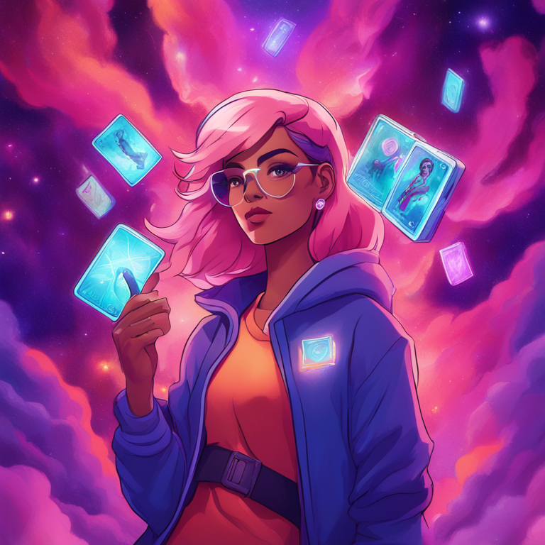 Hand-drawn digital illustration, Artstation HQ, digital art, a determined influencer holding digital NFT trading cards surrounded by an ethereal blockchain universe, vibrant colors, trending on Artstation