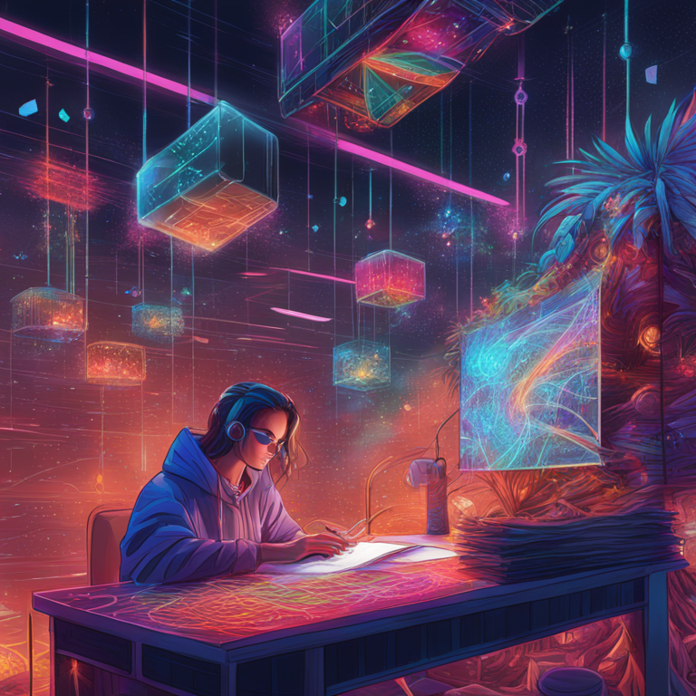 Hand-drawn digital illustration, Artstation HQ, digital art, a digital influencer weaving threads of stories and knowledge in a dynamic, colorful blockchain-linked tapestry, trending on Artstation