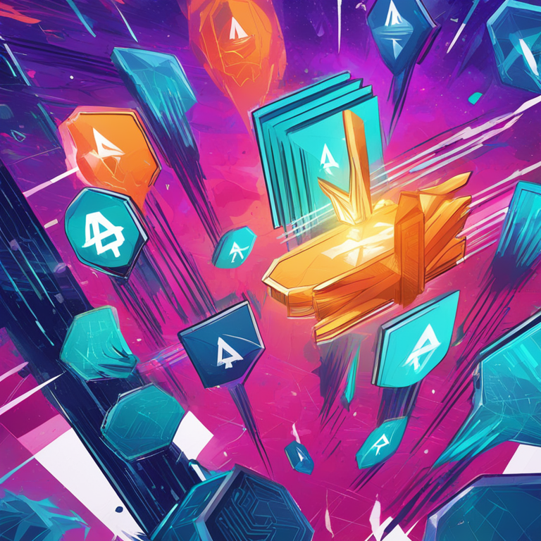 Hand-drawn digital illustration of AI tokens soaring in value, Artstation HQ, digital art, vibrant colors, trending on Artstation, cryptocurrency growth concept, modern abstract design