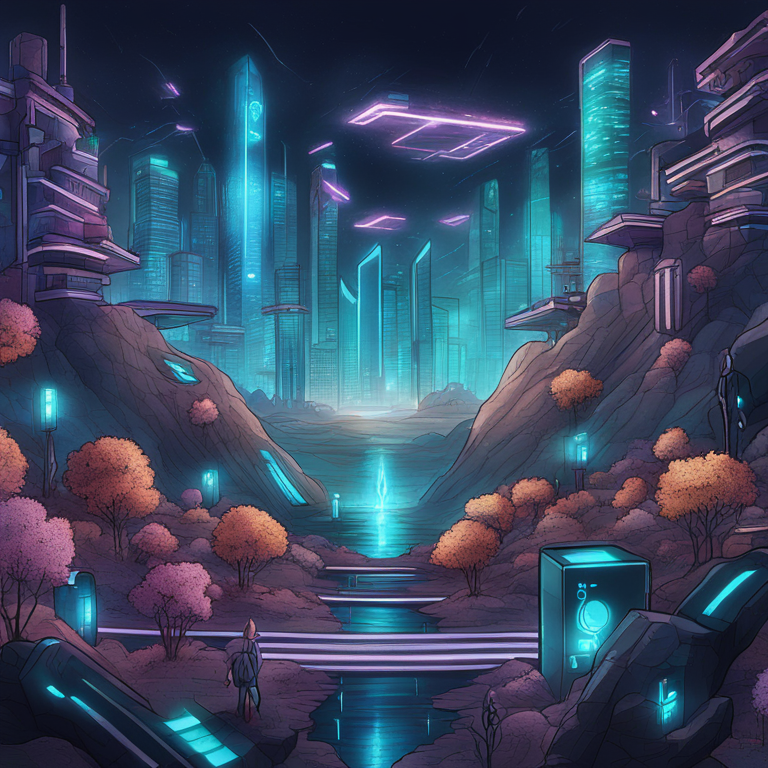 Hand-drawn digital illustration of a thriving blockchain ecosystem with futuristic elements, Artstation HQ, digital art