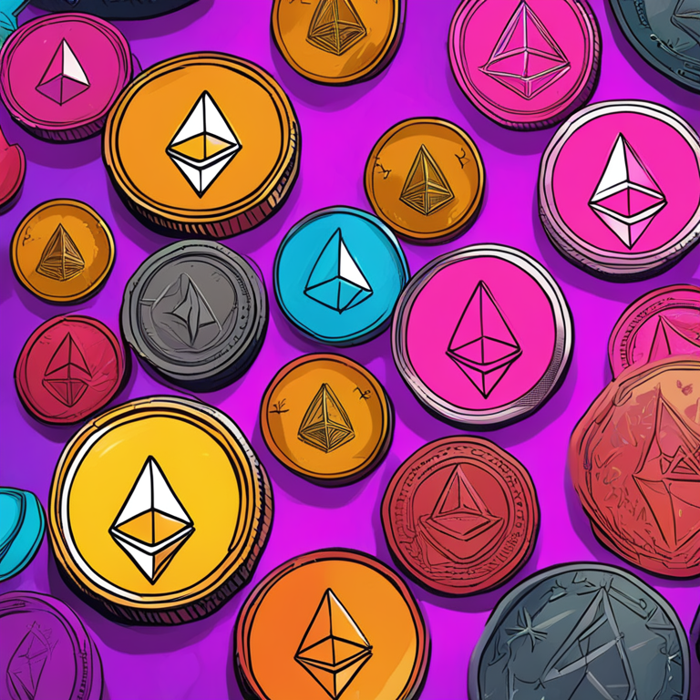 hand-drawn digital illustration of colorful Ethereum coins with various meme symbols, Artstation HQ, digital art, vibrant and playful design