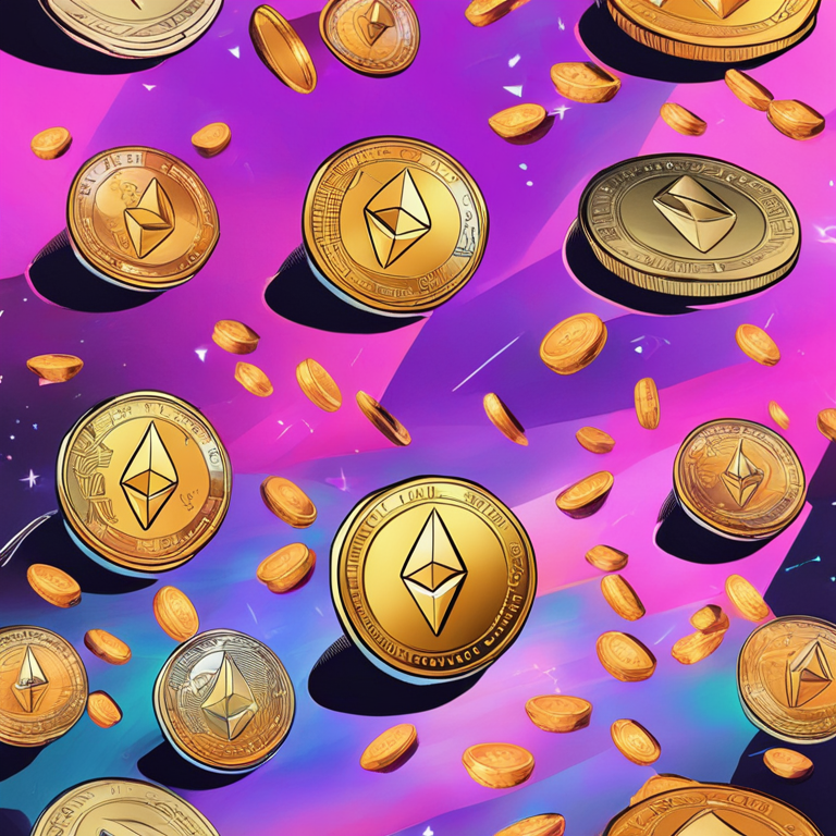 hand-drawn digital illustration of Ethereum meme coins floating, Artstation HQ, digital art, cryptocurrency theme, vibrant colors, futuristic financial projection, high-tech feel, illustrations of Shiba Inu and other coins, shining and dynamic