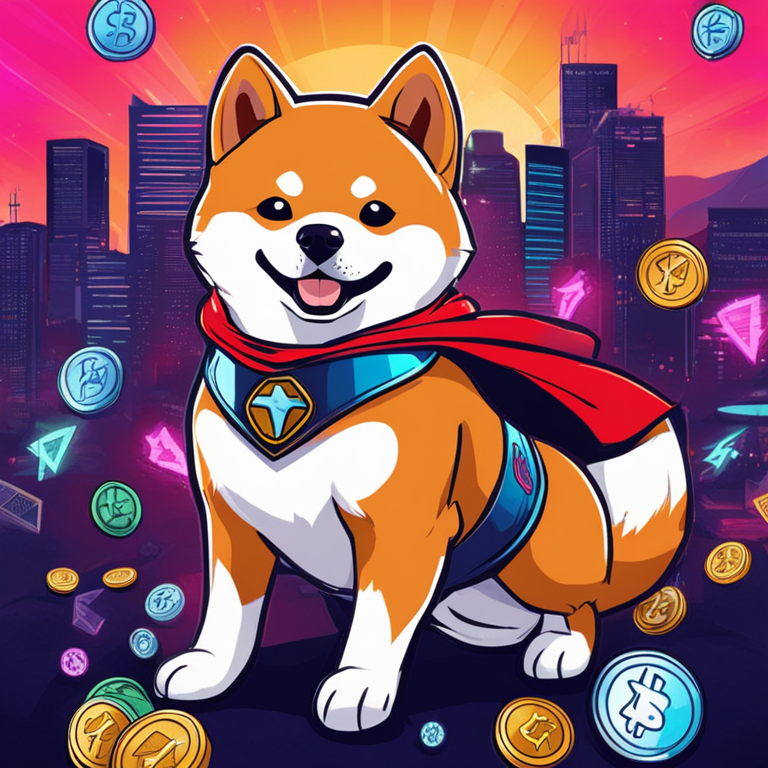 hand-drawn digital illustration of Shiba Inu Coin (SHIB) as a superhero dog, vibrant colors, Artstation HQ, stylish and playful, surrounded by digital cryptocurrency symbols