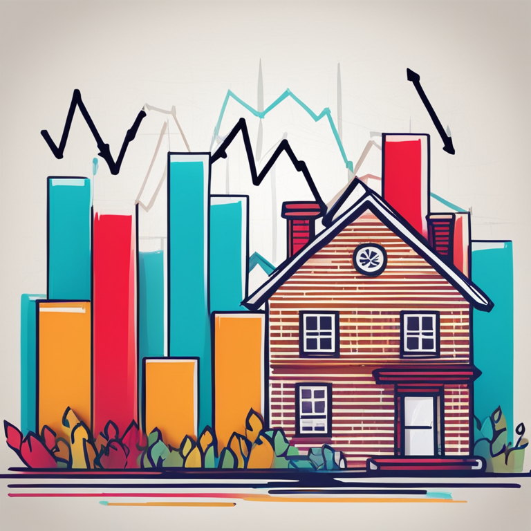 Stylized graph with rising and falling mortgage rates, colorful financial charts, hand-drawn digital illustration, Artstation HQ, digital art