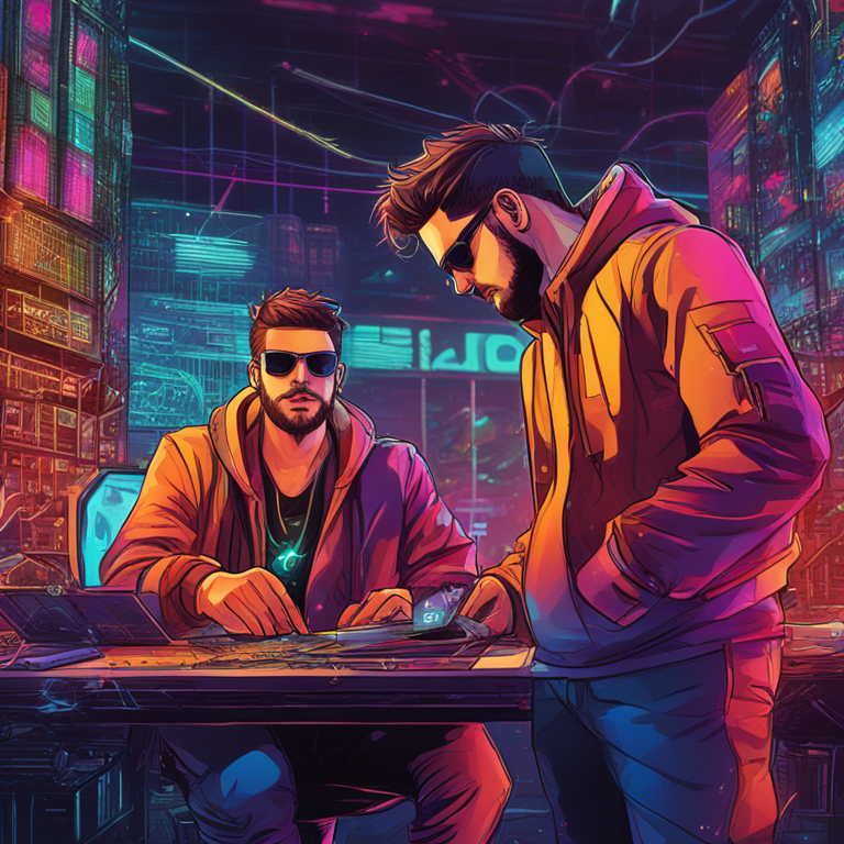 Hand-drawn digital illustration, Artstation HQ, digital art of two MIT-educated brothers hacking blockchain, trendy magazine style, vibrant colors, intense expressions, abstract cryptocurrency visualization, high-detail, dynamic scene, futuristic tech elements