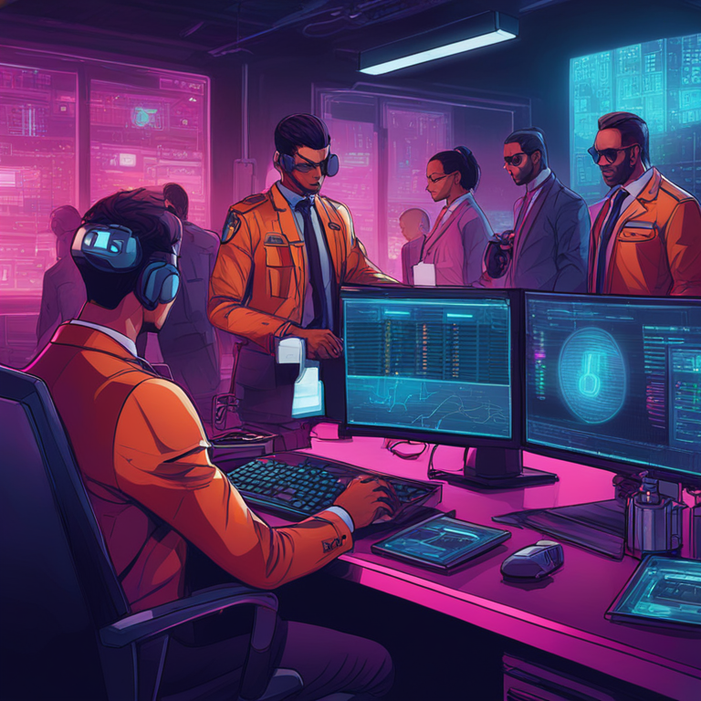 Hand-drawn digital illustration, Artstation HQ, digital art of investigators following digital currency transactions, intense focus, high-tech equipment, abstract blockchain representation, vibrant colors, detailed and dynamic, futuristic vibe, criminal investigation in action