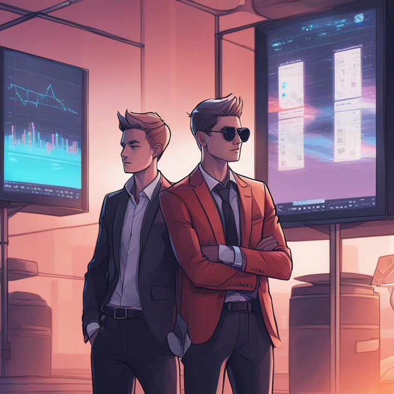 hand-drawn digital illustration of two brothers, dressed sharply and looking pensive, in front of digital screens showing Ethereum blockchain transactions, Artstation HQ, digital art, trending on Artstation