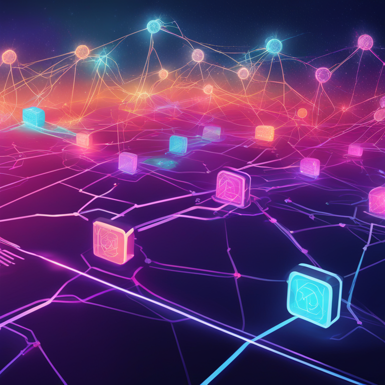 hand-drawn digital illustration, Artstation HQ, digital art, futuristic blockchain network, interconnected nodes, sleek modern design, bright colors, abstract representation of internet computer protocol roadmap, high-resolution, trending on Artstation