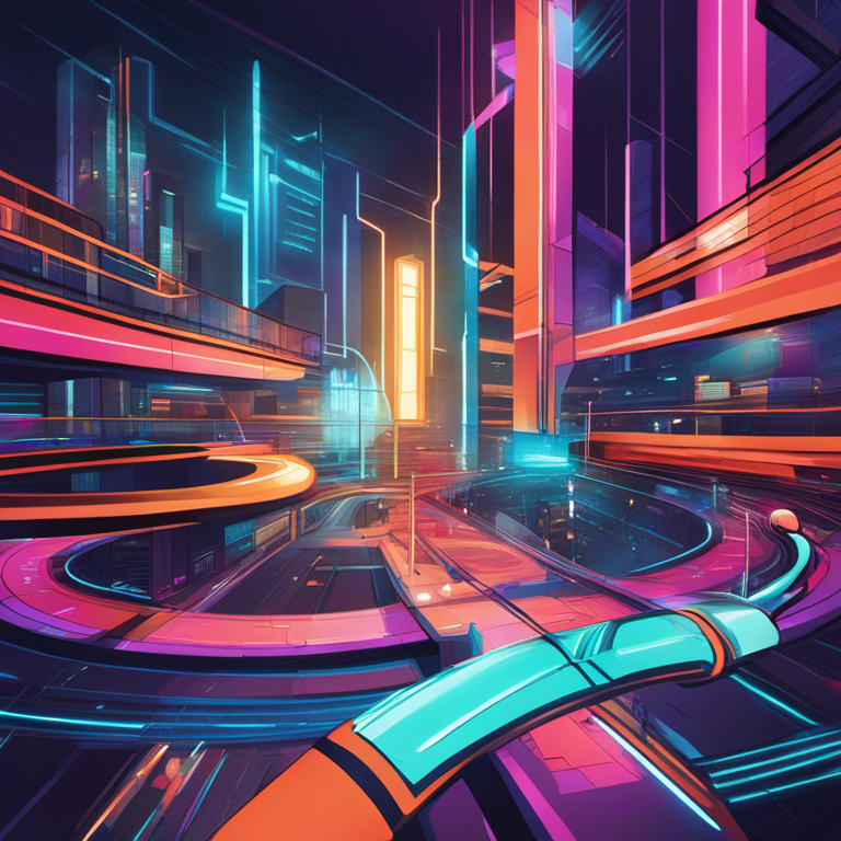 hand-drawn digital illustration, Artstation HQ, digital art, presenting a futuristic roadmap with interconnecting milestones, abstract art representing technological advancement, vibrant colors