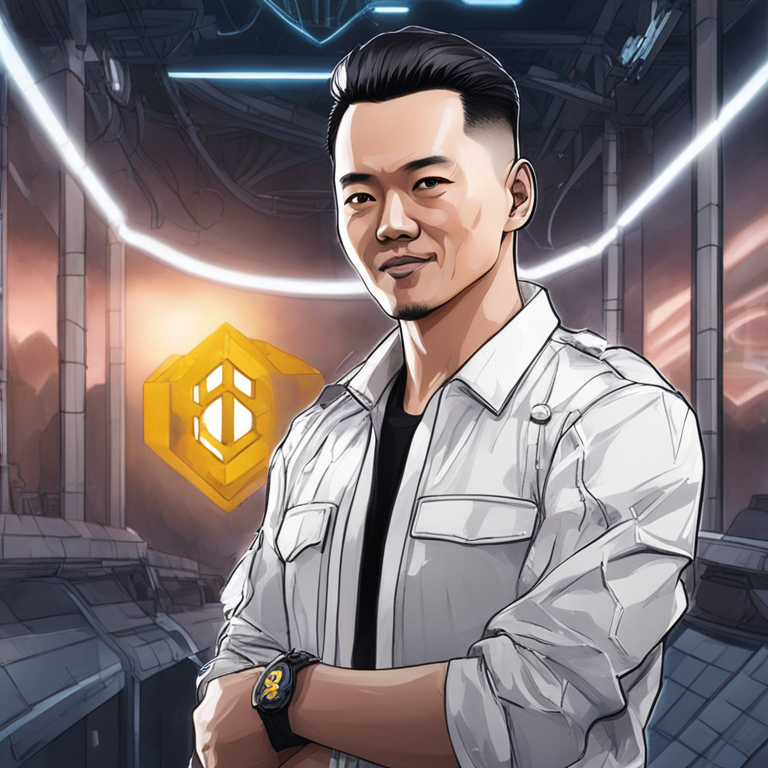 Hand-drawn digital illustration of Binance founder, Changpeng 'CZ' Zhao, standing in front of a futuristic prison, Artstation HQ, digital art