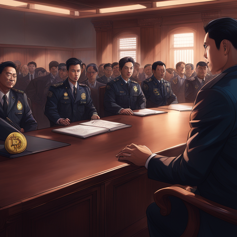 Digital illustration, Artstation HQ, of a cryptocurrency dispute courtroom scene involving Changpeng 'CZ' Zhao and international law enforcement officials, intricate details, high resolution, dramatic lighting