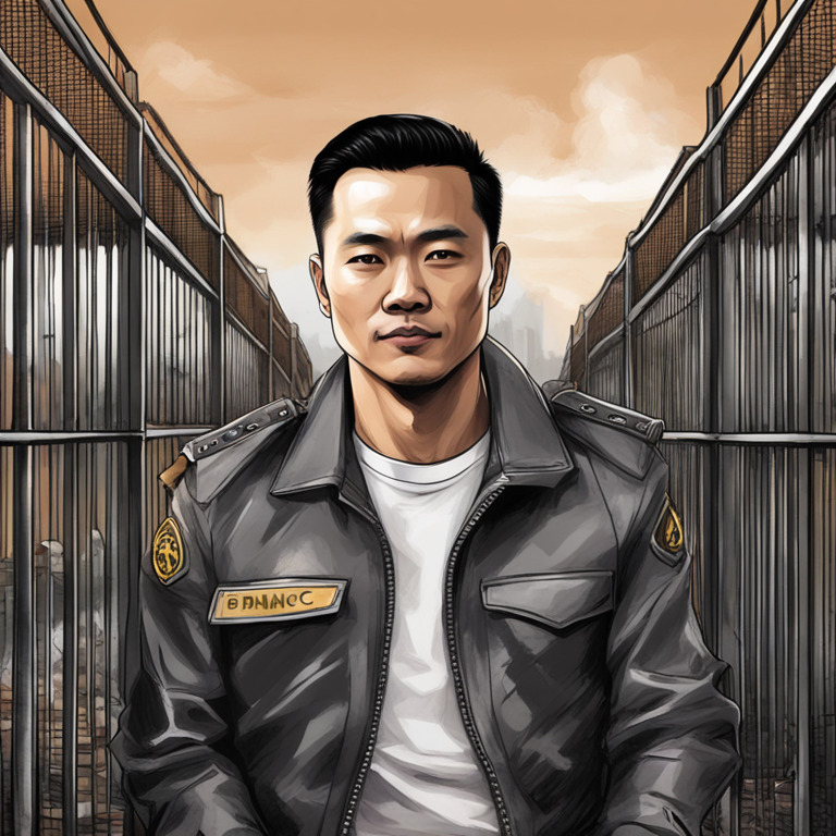 hand-drawn digital illustration, Artstation HQ, digital art, depiction of Binance founder Changpeng Zhao with a prison in the background, high detail, trending on Artstation