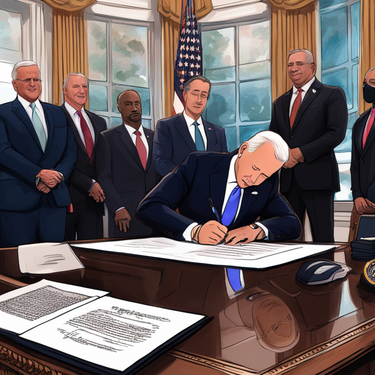 hand-drawn digital illustration of President Biden signing an executive order, surrounded by advisors, text about national security concerns, Artstation HQ, digital art, high detail