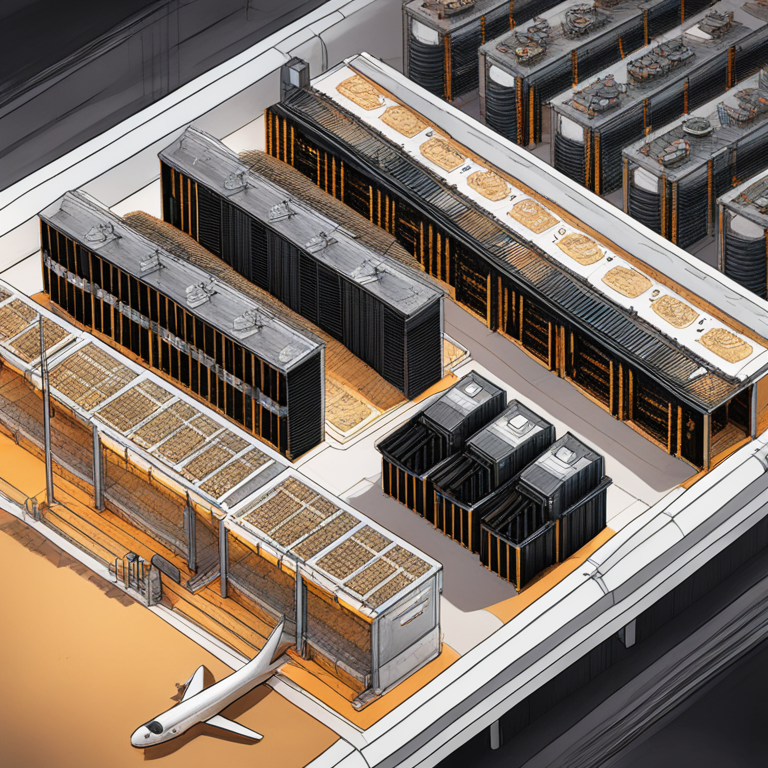 Hand-drawn digital illustration of bitcoin mining farm, close-up view, next to a U.S. military base, high-detail, Artstation HQ, digital art, trending magazine style