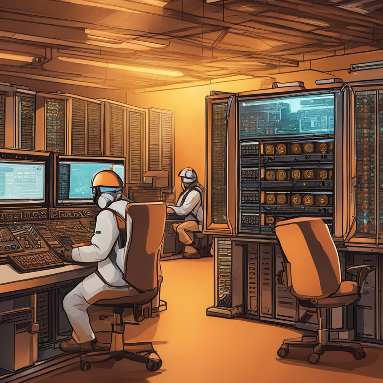 hand-drawn digital illustration, Artstation HQ, digital art of Bitcoin mining operations near a nuclear base, involving executive orders and national security concerns