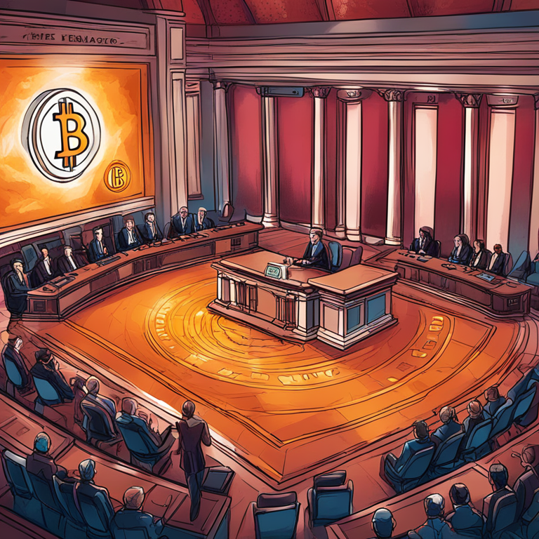 hand-drawn digital illustration of the Senate floor with Senators debating, Bitcoin symbols in the background, Artstation HQ, vibrant colors, digital art, trendy magazine style